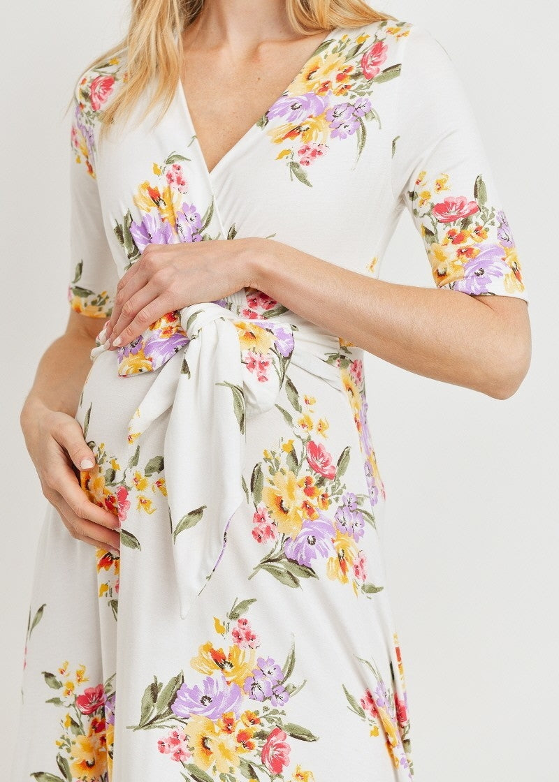 Be My Baby Floral Surplice Dress in White MATERNITY
