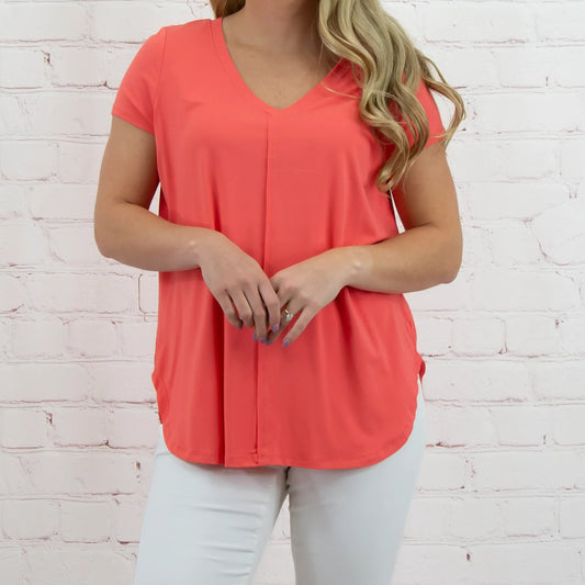 Knit V-Neck Top in Coral