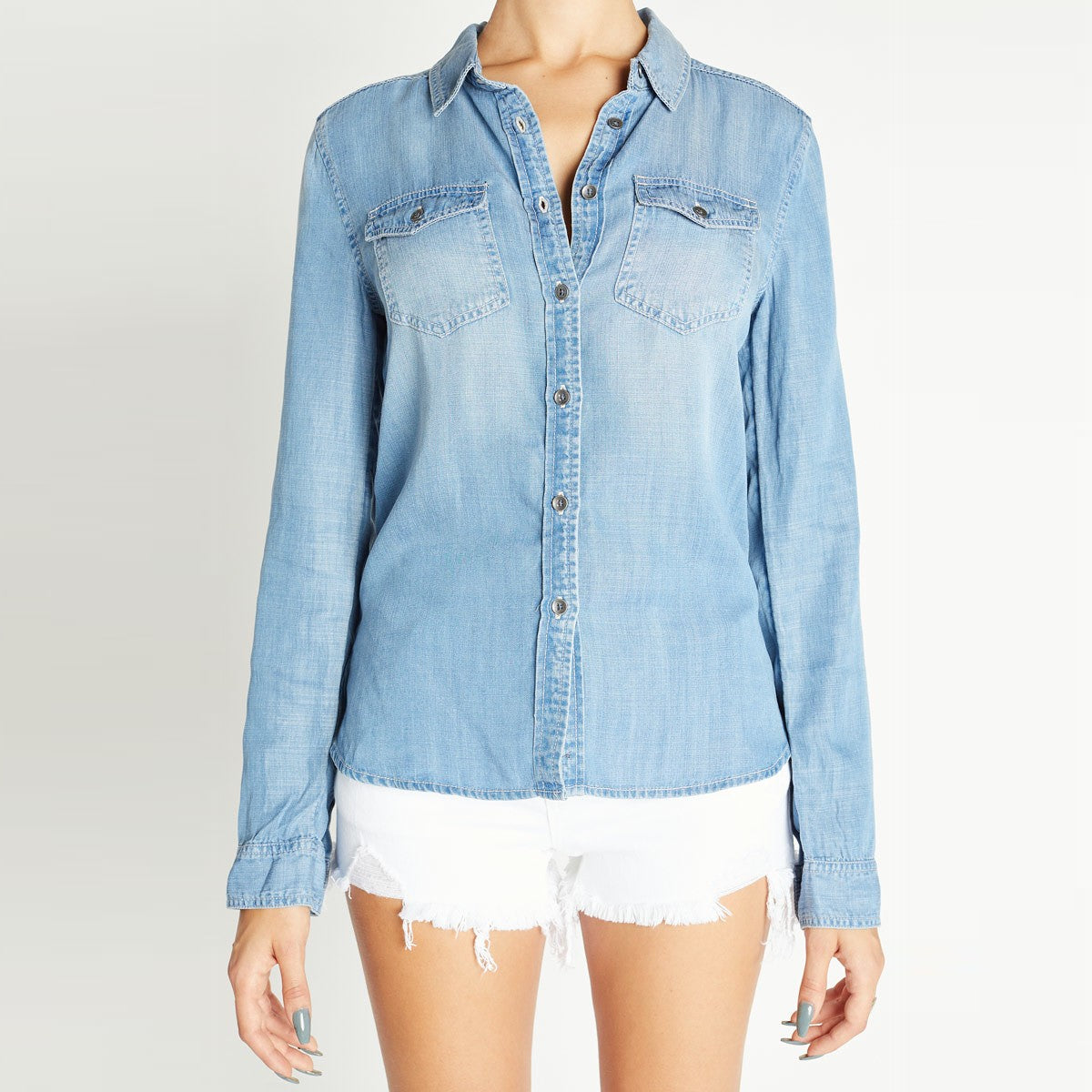All American Girl Fitted Denim Shirt in Light Wash