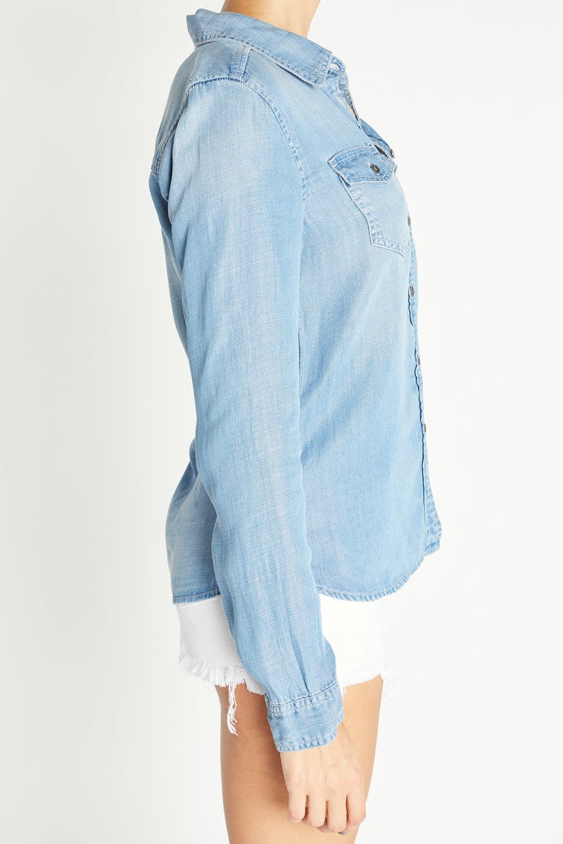 All American Girl Fitted Denim Shirt in Light Wash
