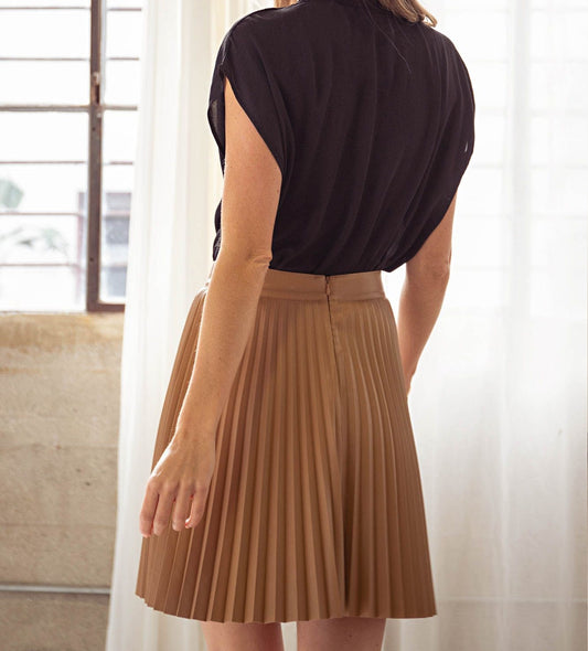 Pleated Mini Skirt - Faux Leather Pleated Skirt in Camel
