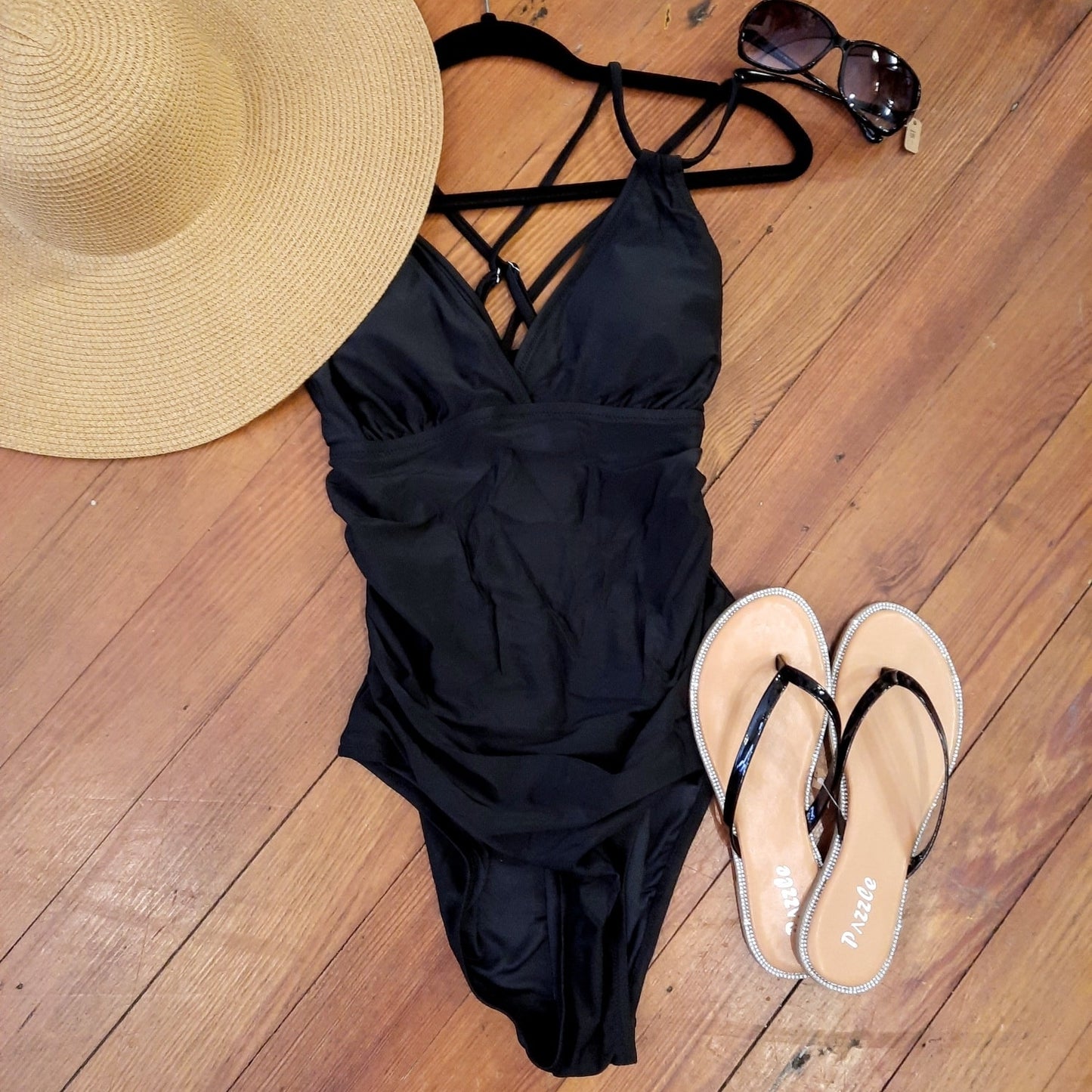 Ruched Strappy Swimsuit in Black
