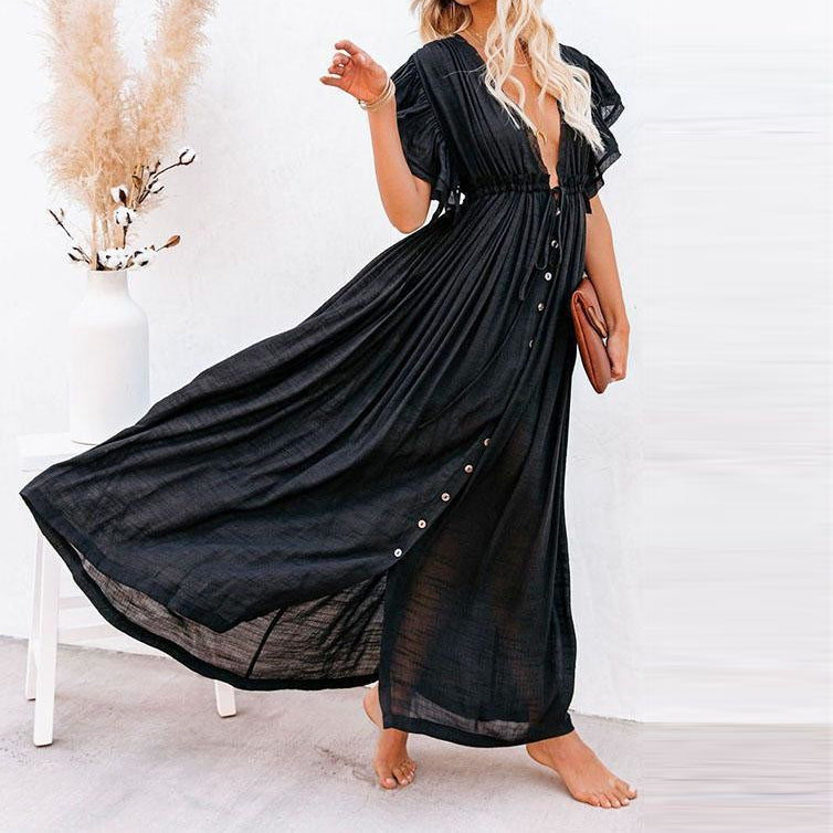 Ruffled Coverup Duster in Black