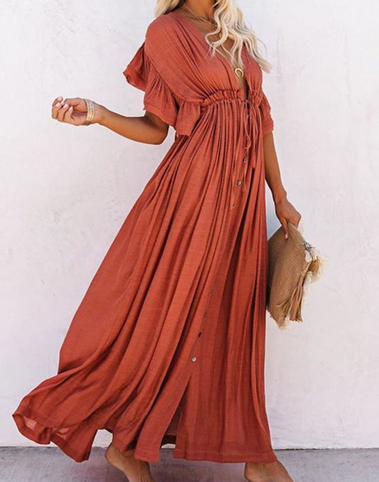 Ruffled Coverup Duster in Brick