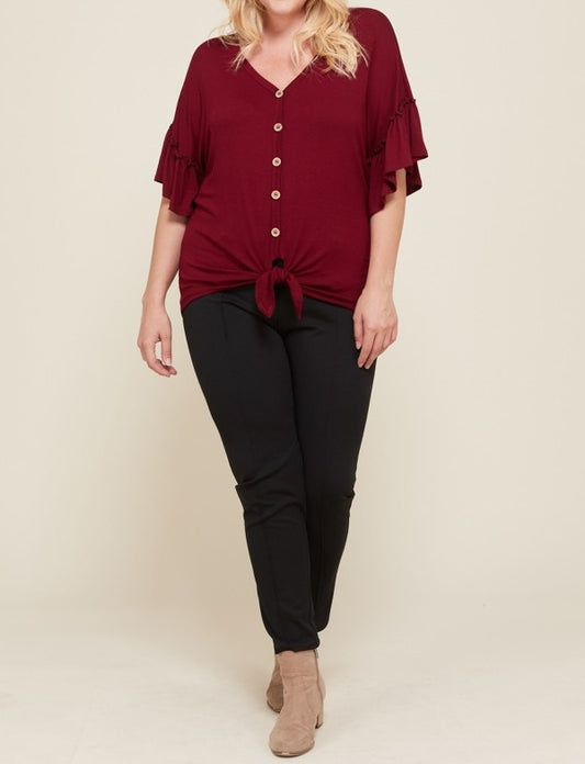 Buttons and Bows Ruffle Sleeve Top in Burgundy PLUS