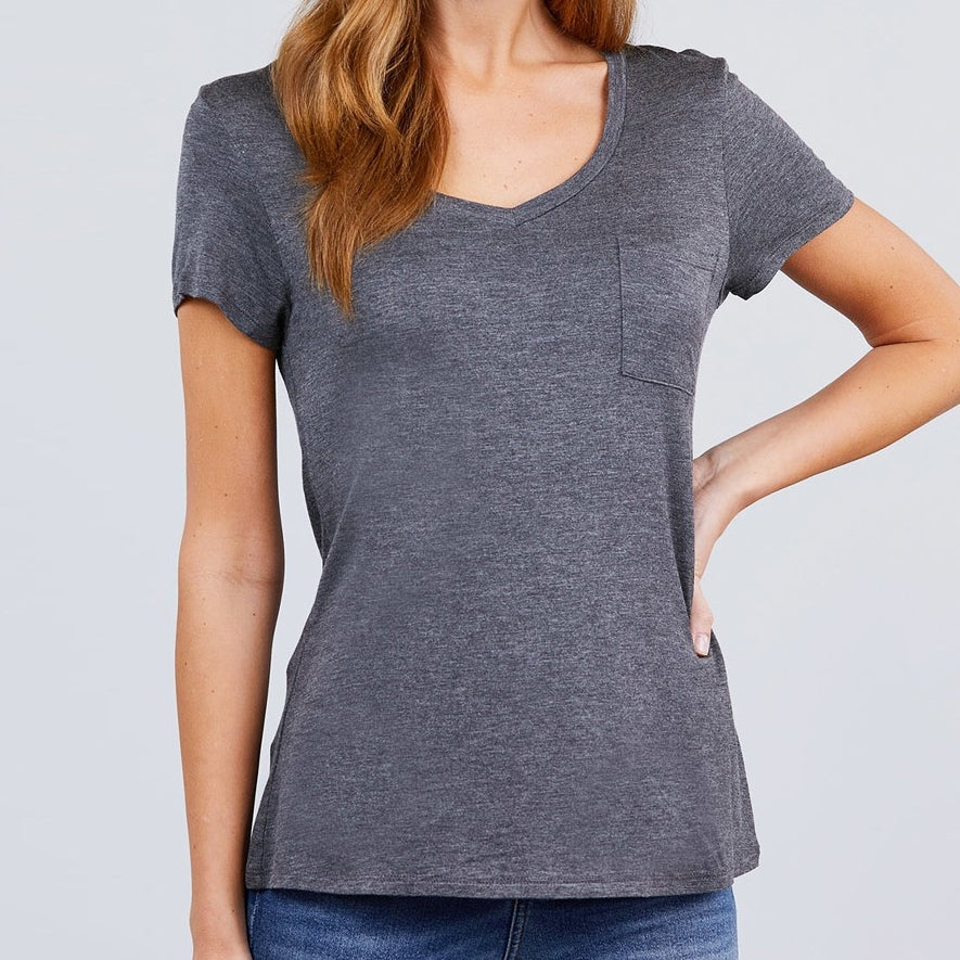 V is for Victory Relaxed Pocket Tee in Charcoal
