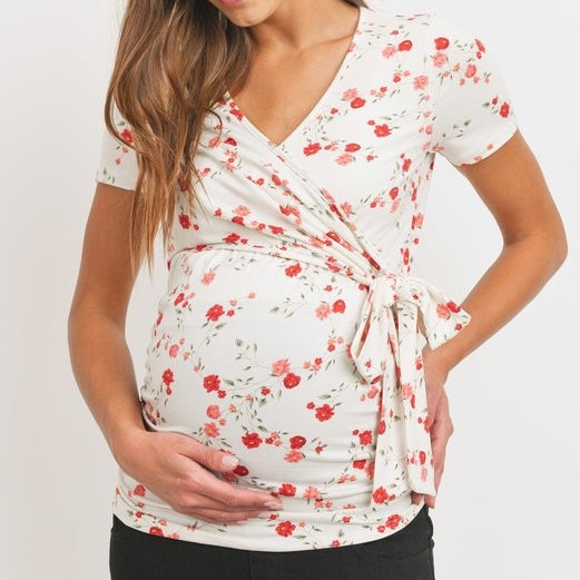 Maternity Wrap Top - Floral Field of PoppiesMaternity Wrap Top - Field of Poppies Floral in White