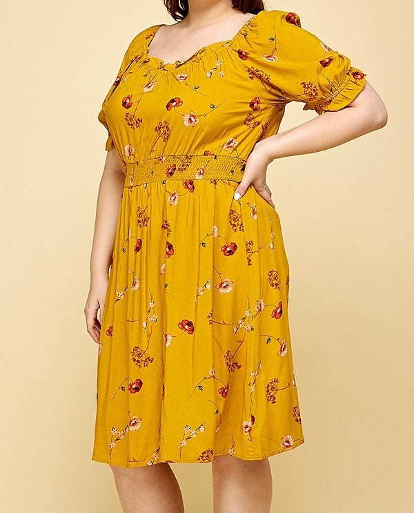 Floral Peasant Dress in Mustard PLUS