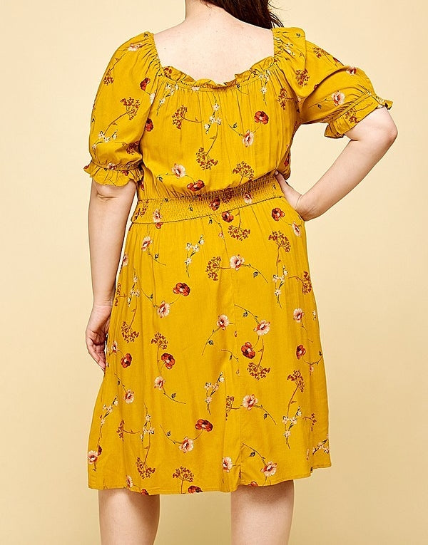 Floral Peasant Dress in Mustard PLUS