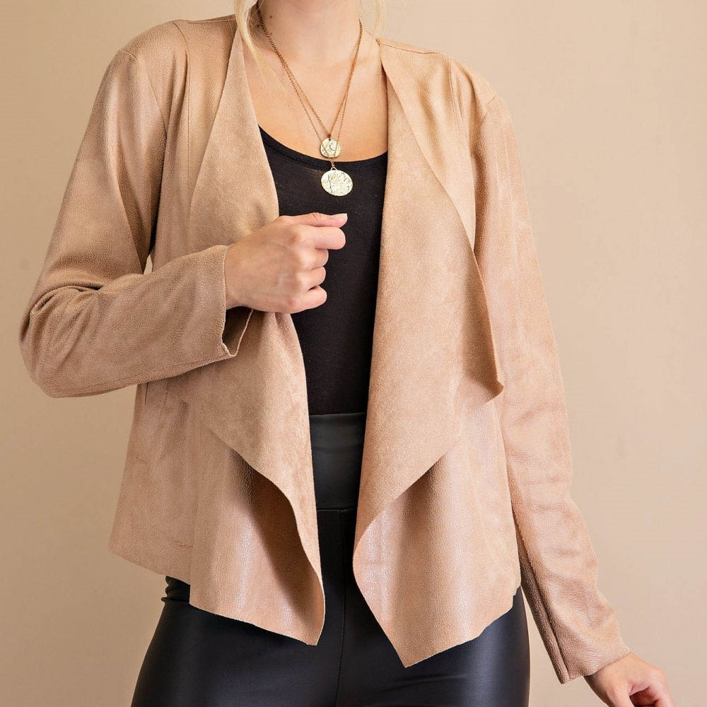 Date Night Textured Suede Moto Jacket in Taupe