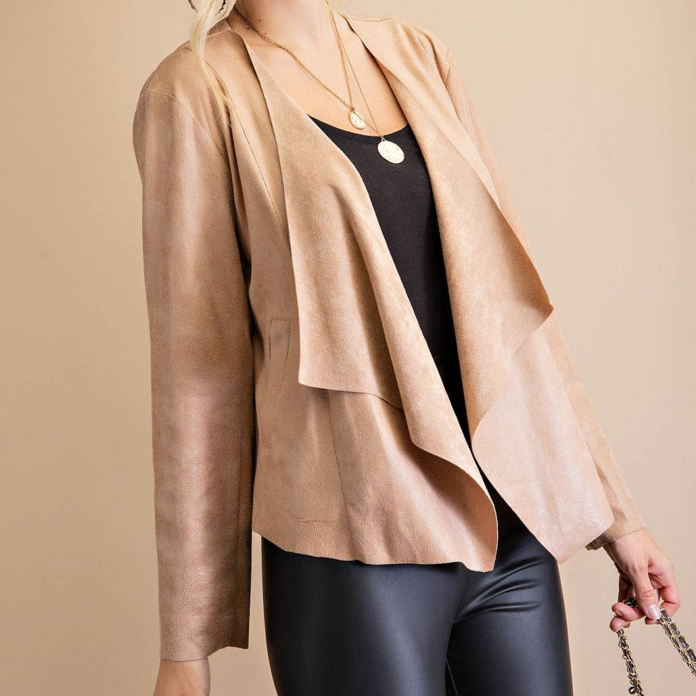 Date Night Textured Suede Moto Jacket in Taupe