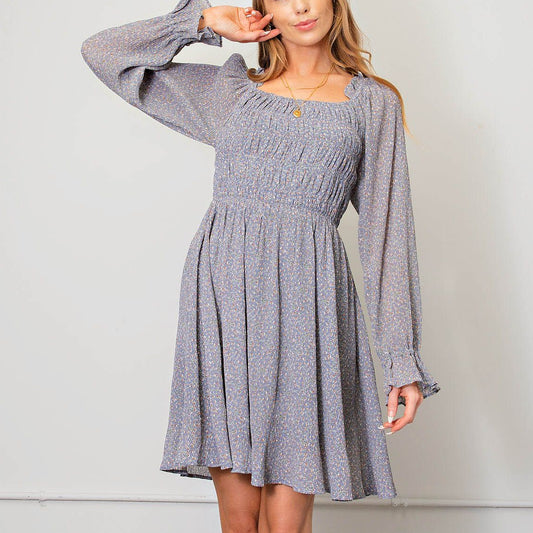 Floral Pleated Smocked Dress - Square Neckline, Long Sleeve in Blue
