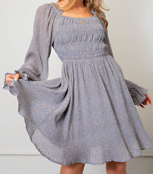 Floral Pleated Smocked Dress - Square Neckline, Long Sleeve in Blue
