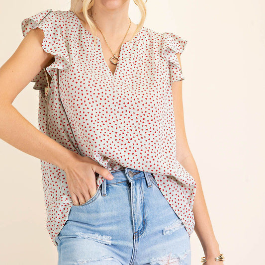 Ruffle Sleeve Heart Print Blouse