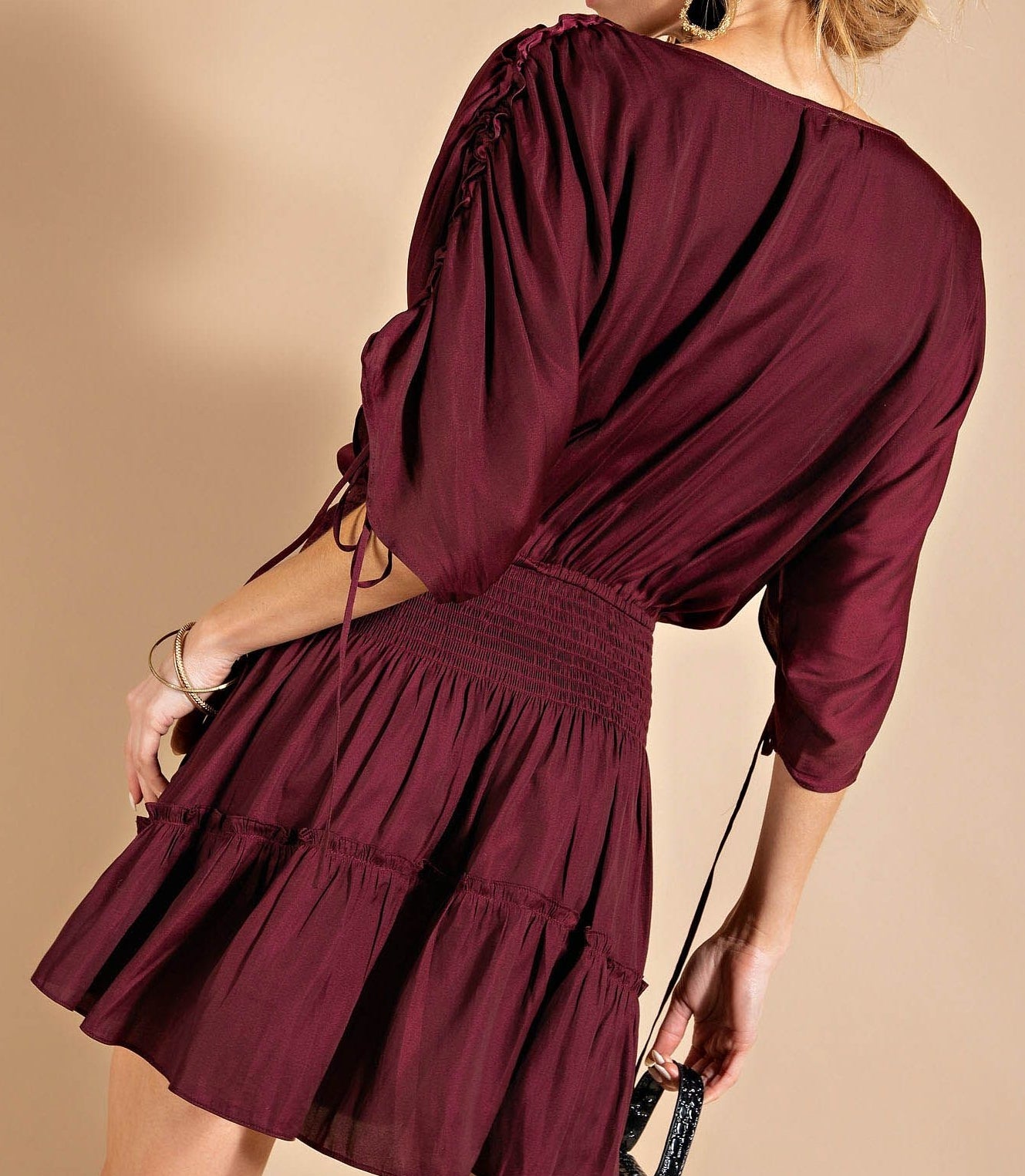 Dolman Sleeve Smocked Dress in Burgundy