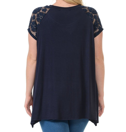 Easy Breezy Lace Sleeve Top in Navy PLUS