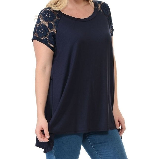 Easy Breezy Lace Sleeve Top in Navy PLUS